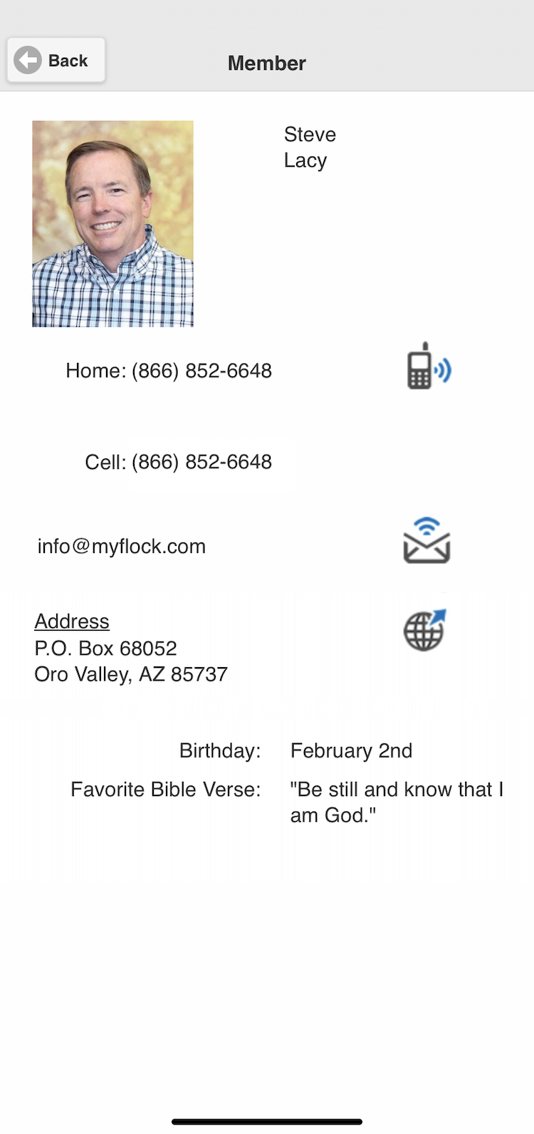 Screenshot of church app profile page
